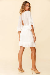 Make It Happen Flared Sleeve Ruffle Trim Dress White